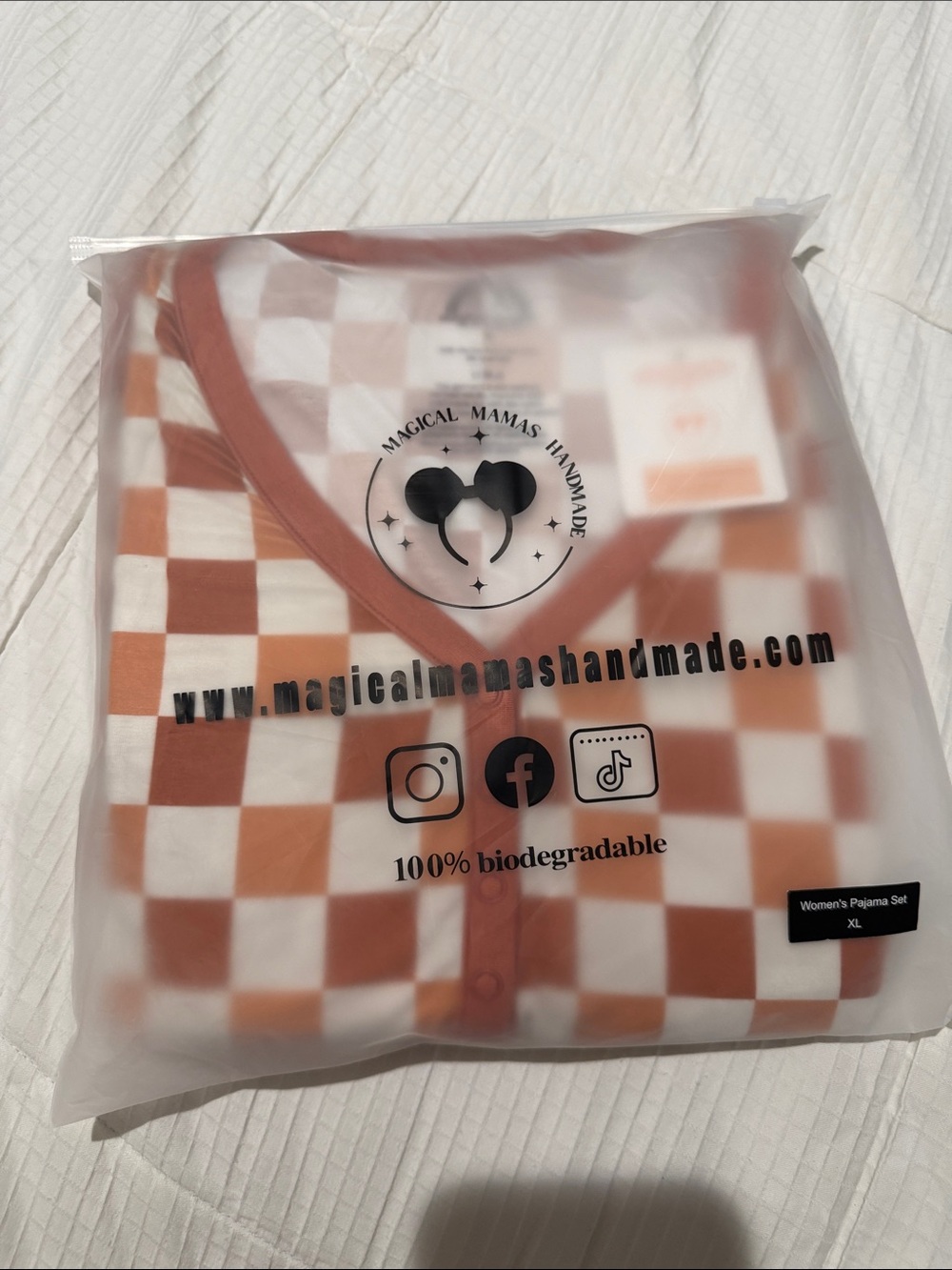 Magical Mamas Women’s Bamboo Checkered Pajama Top in Orange & White XL NWT